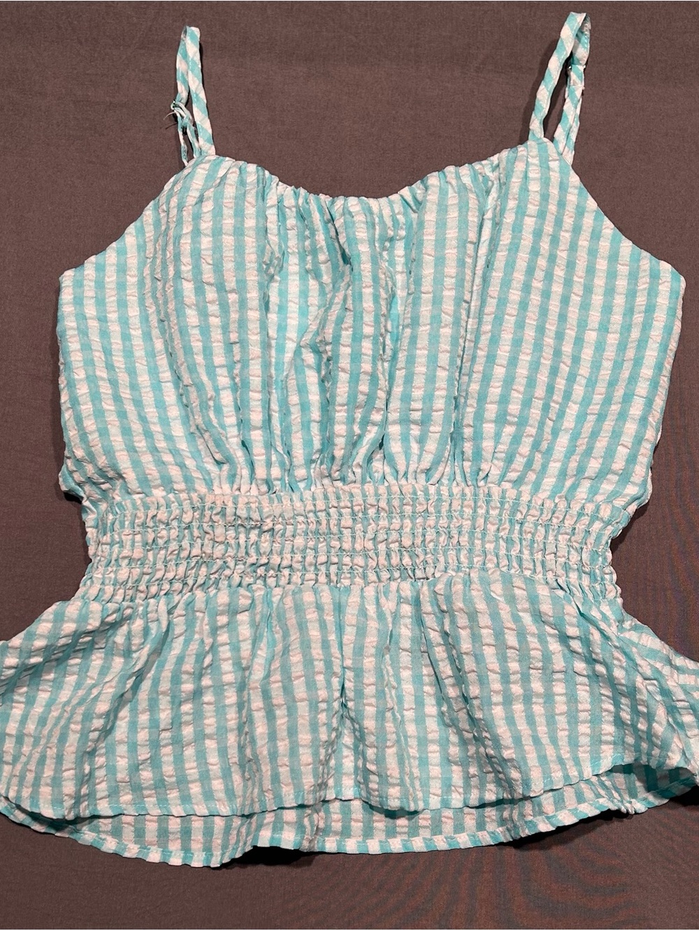 Active USA Blue White Seersucker Striped Smocked Peplum Cami Tank Top